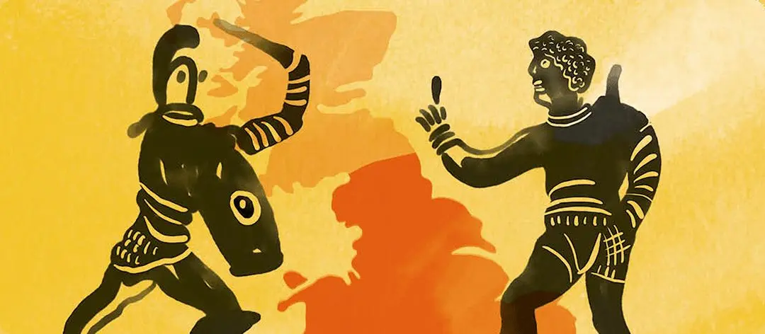 Artwork of a gladiator fighting a man with an outline of the UK in the background