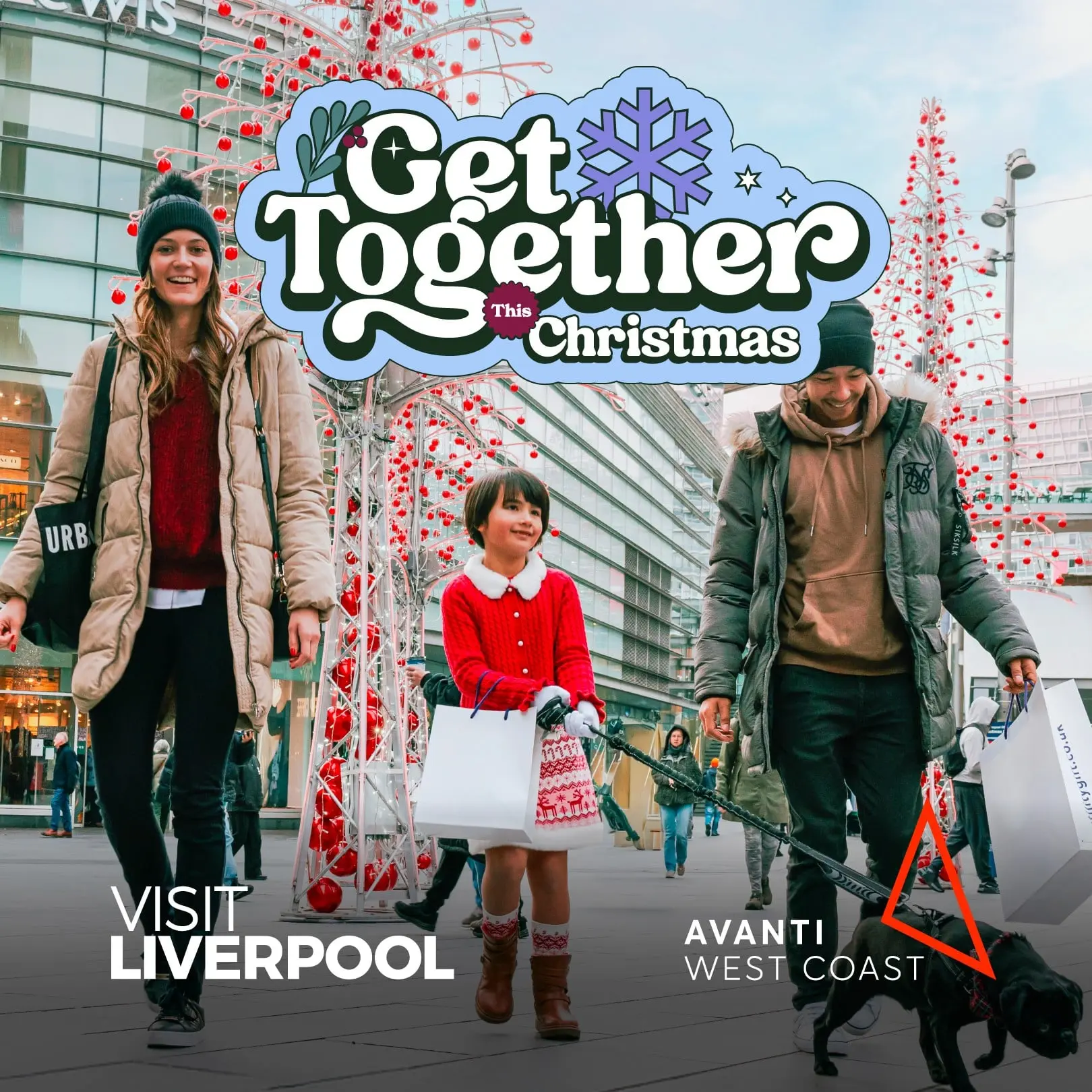 A family walking their dog with Get together this Christmas, Visit Liverpool and Avanti West Coast logos overlayed.