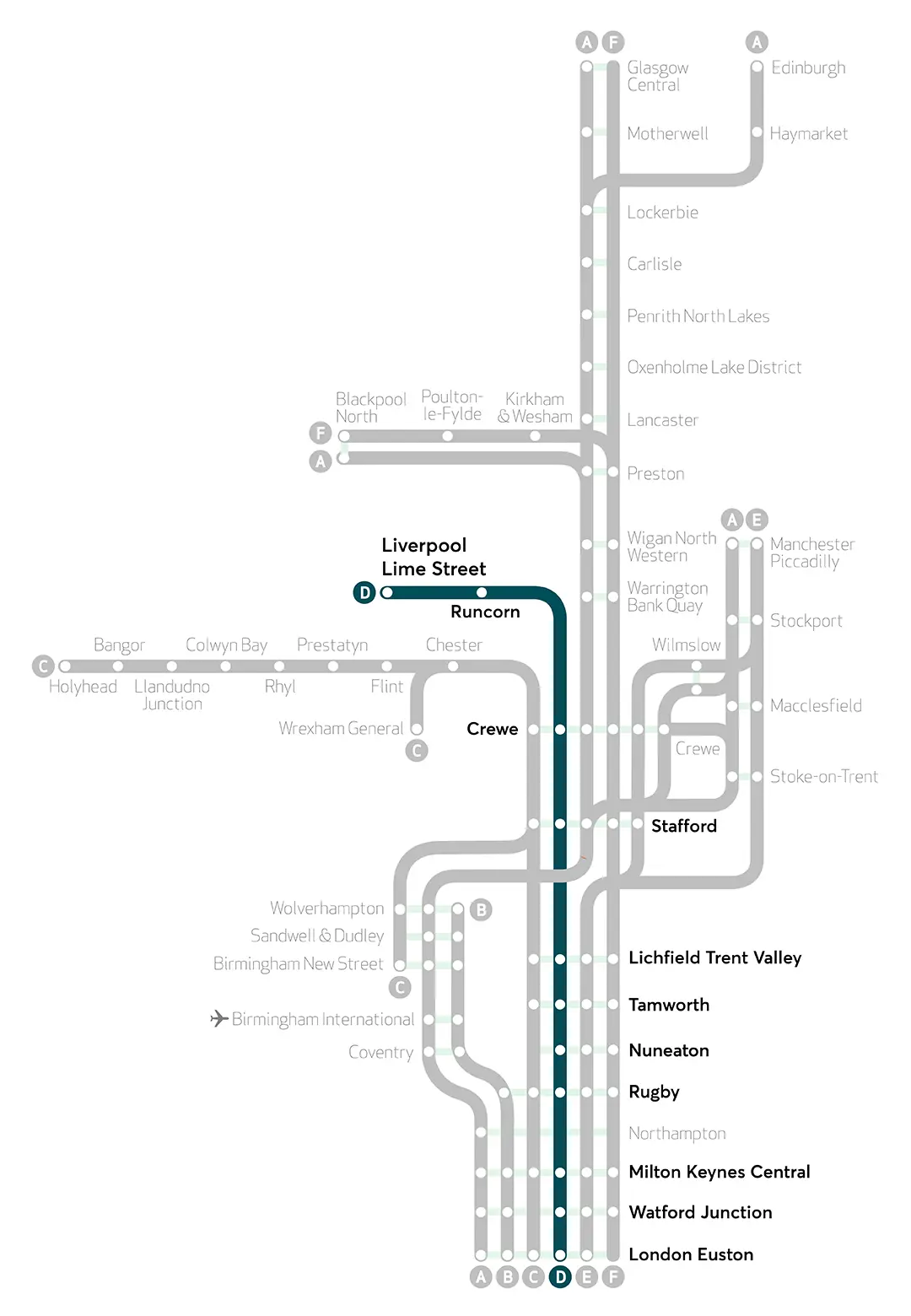Avanti route map with the Liverpool Route highlighted in graphene