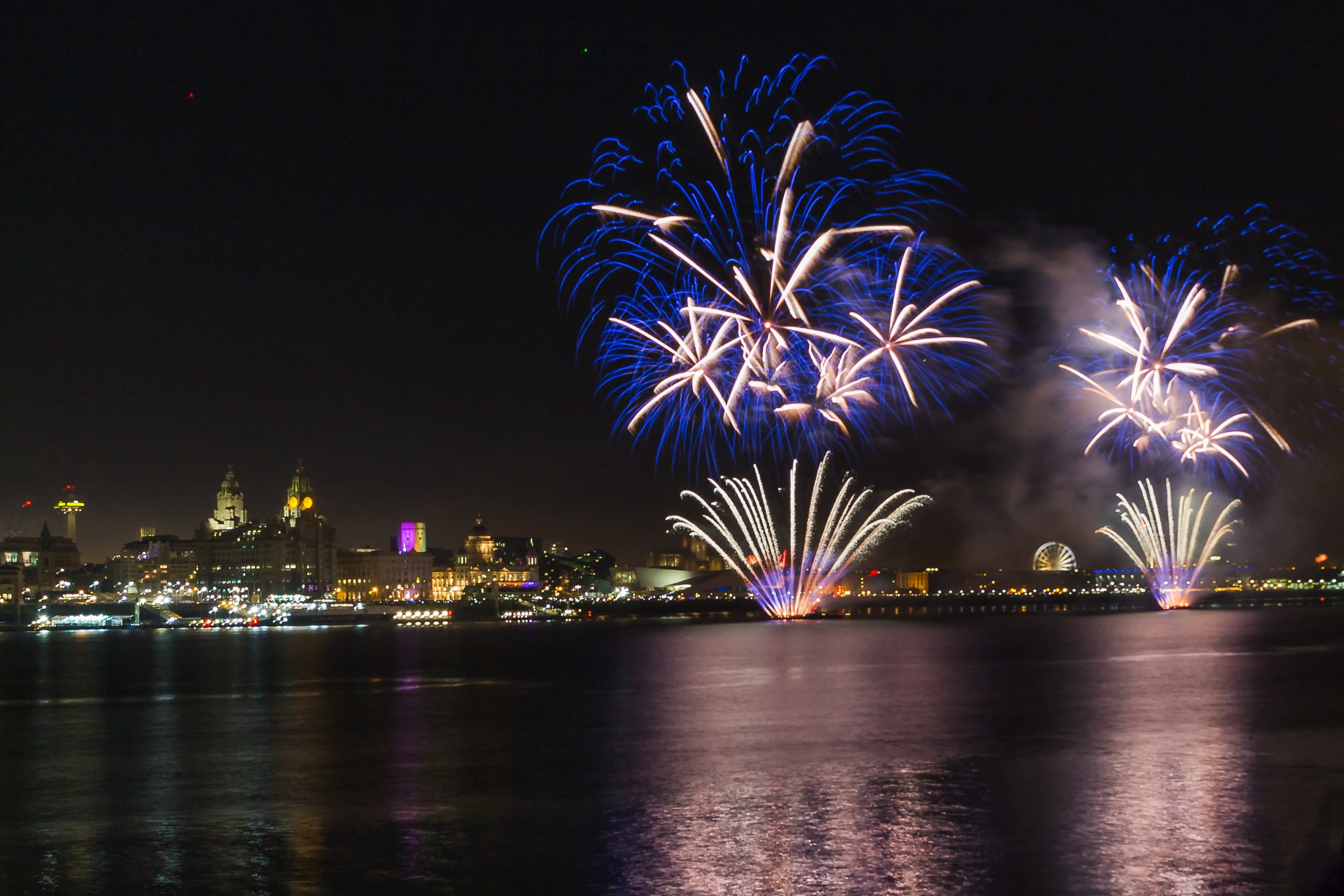 Bright lights over the city of Liverpool, the firework display over Liverpool.