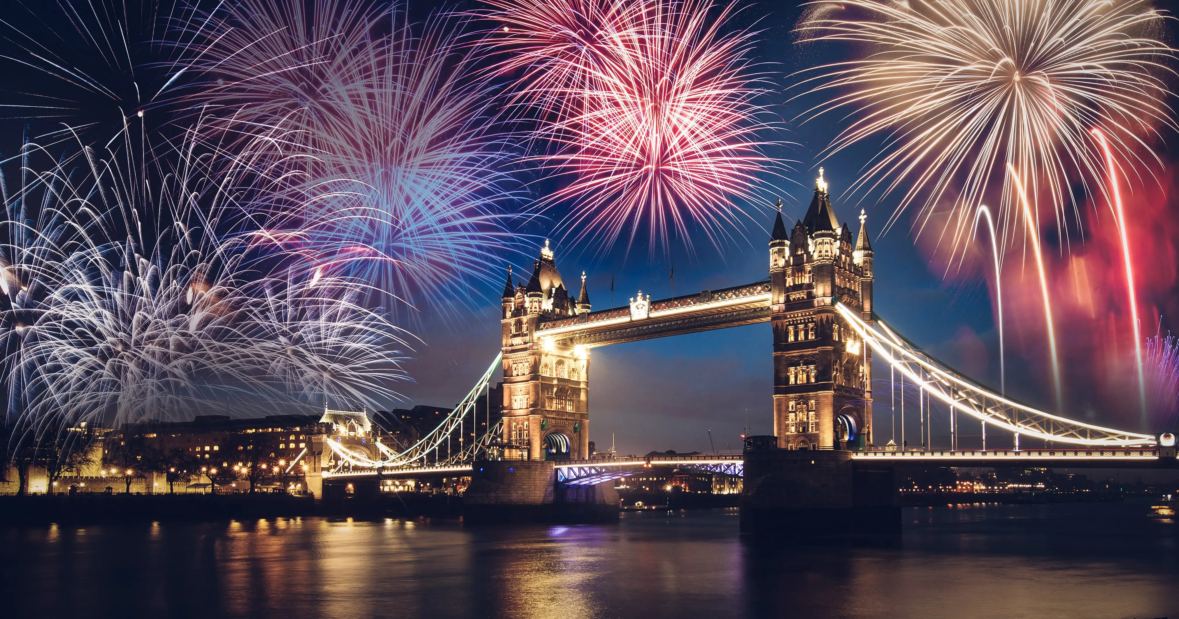 Tower bridge with firework, celebration of the New Year in London, UK