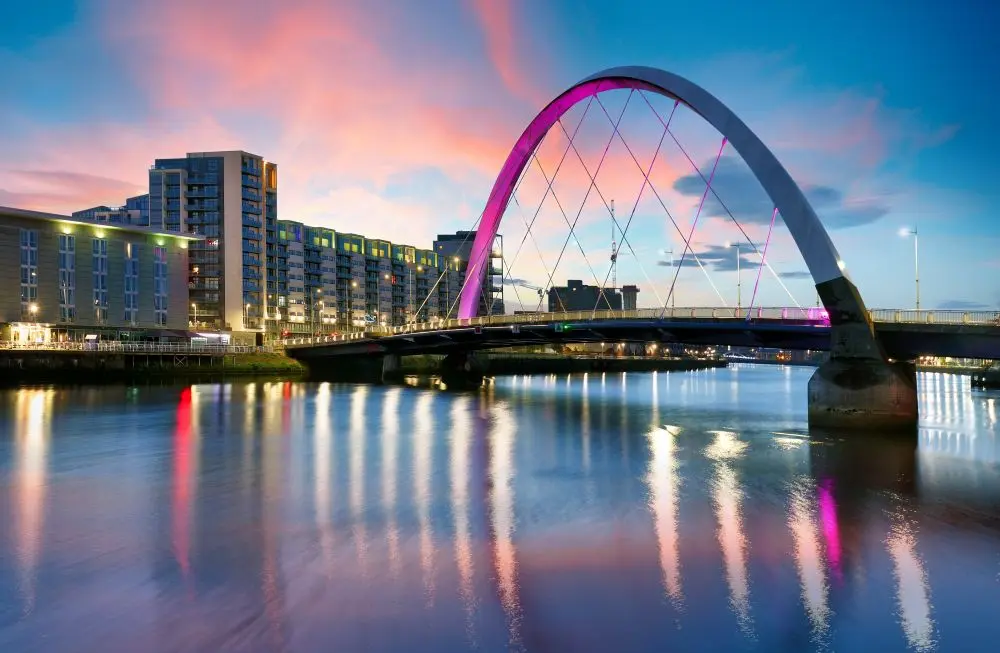 Beautiful Sunset Clyde Arc Bridge across river in Glasgow, Scotland, UK.