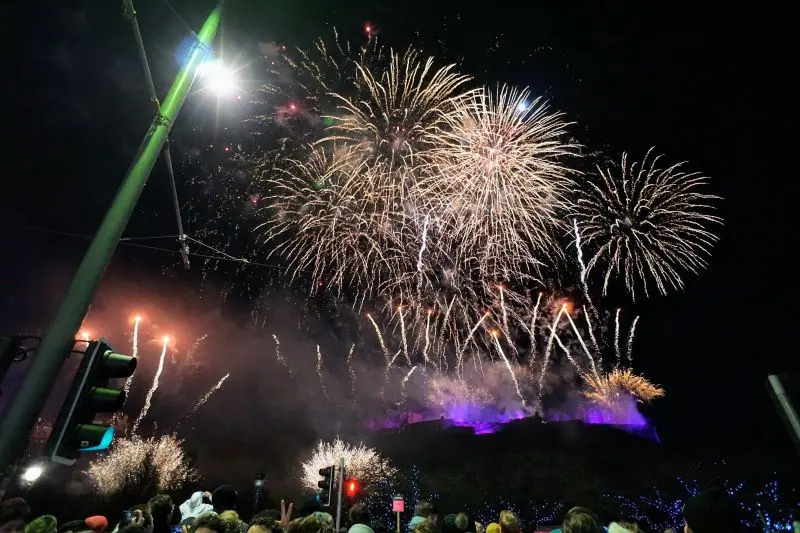 Hogmanay firework display in Edinburgh from Prince's street.