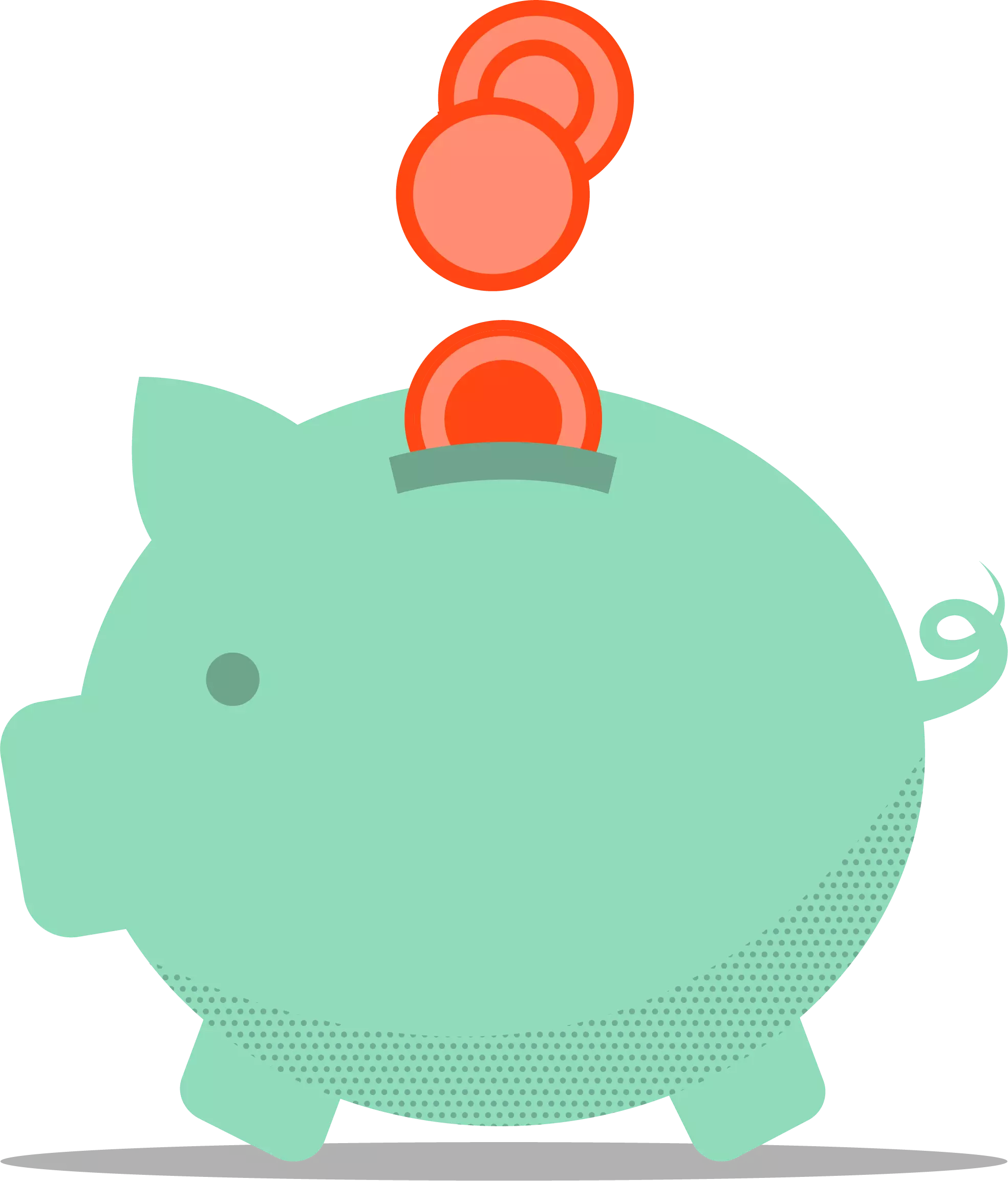A green piggy bank with orange coins falling into it