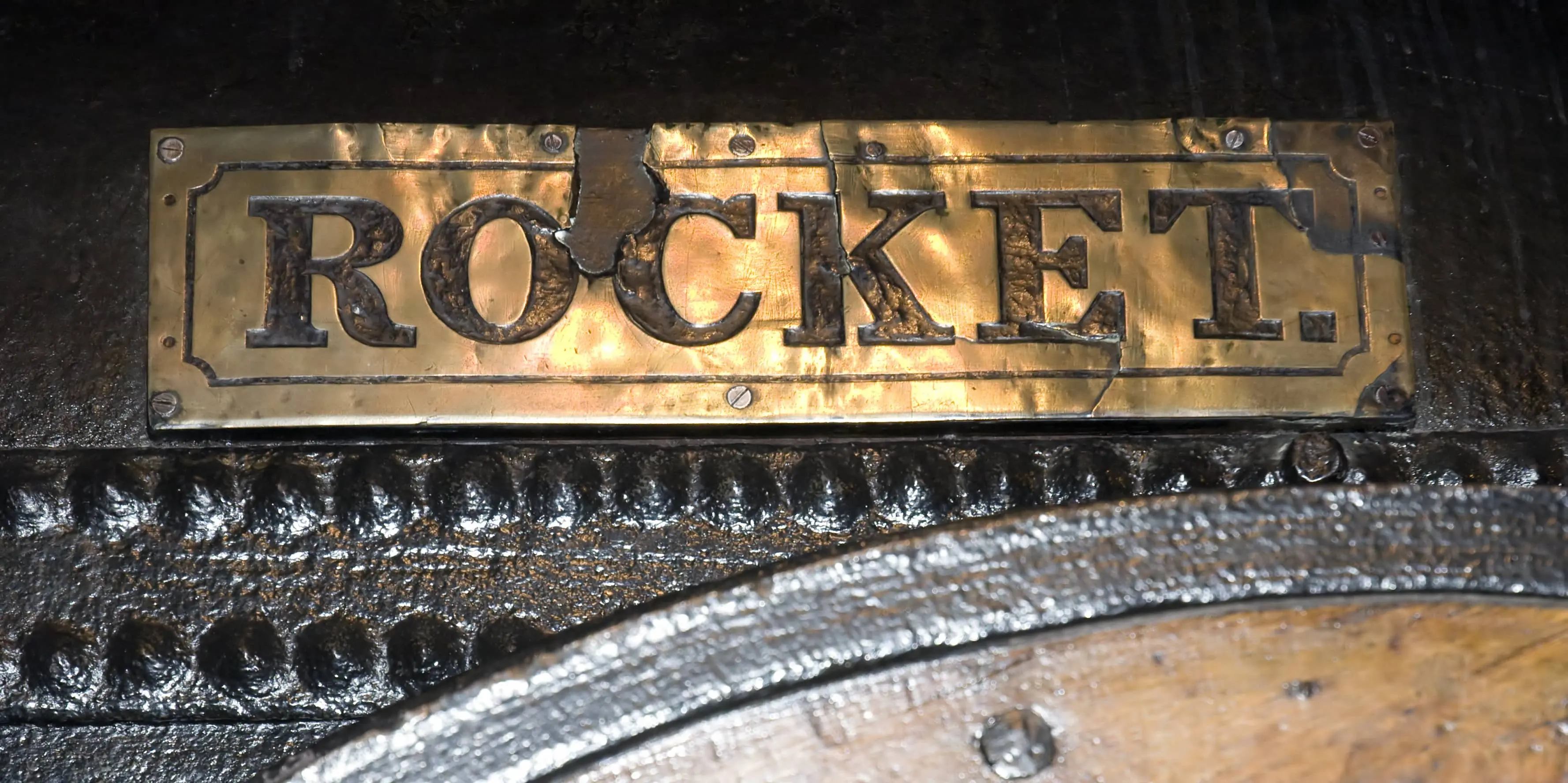 Stockton and Darlington Railway: A close-up of the nameplate of Stephenson’s ‘Rocket’ locomotive