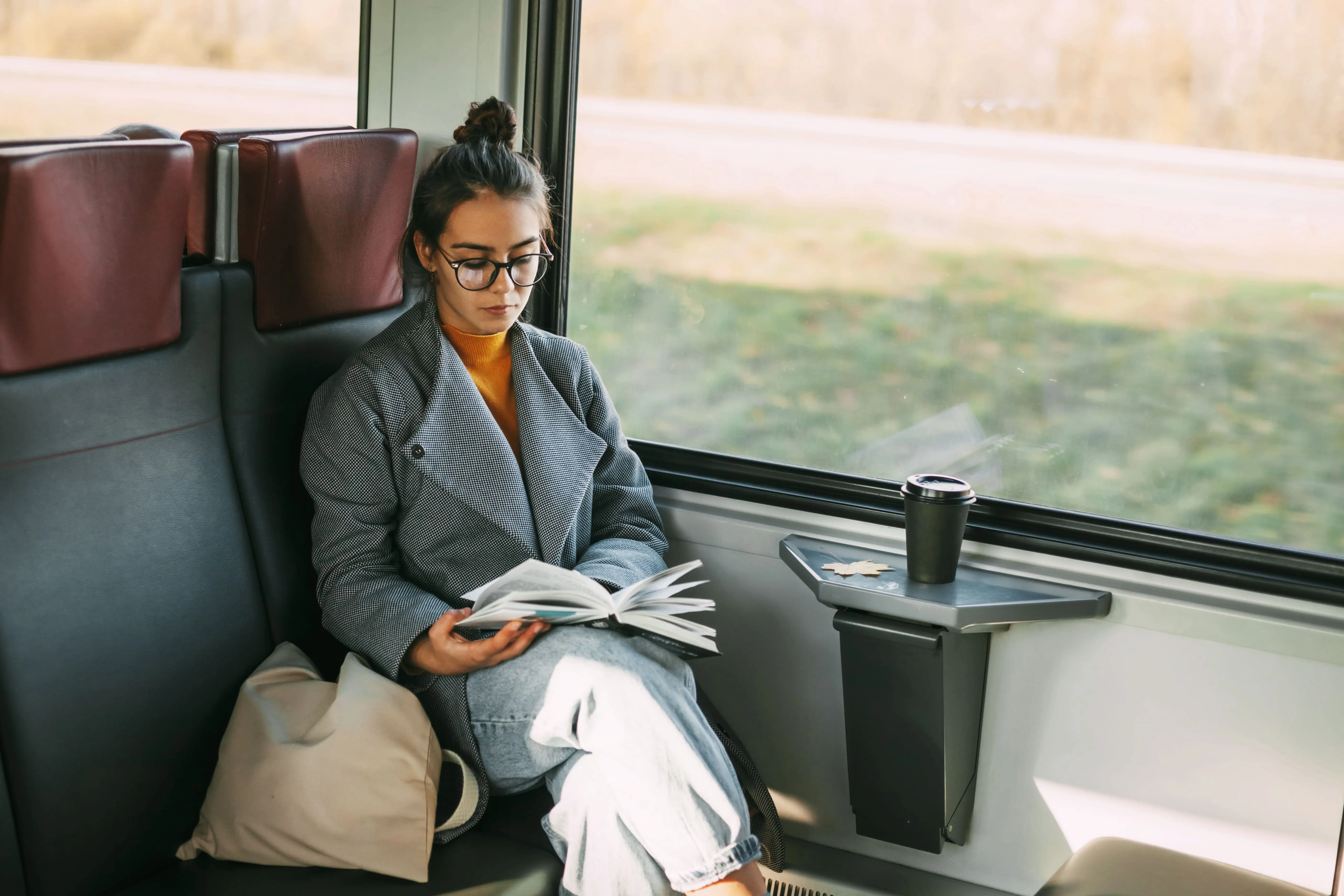 Train Literature: A young woman reading a book whilst riding a train