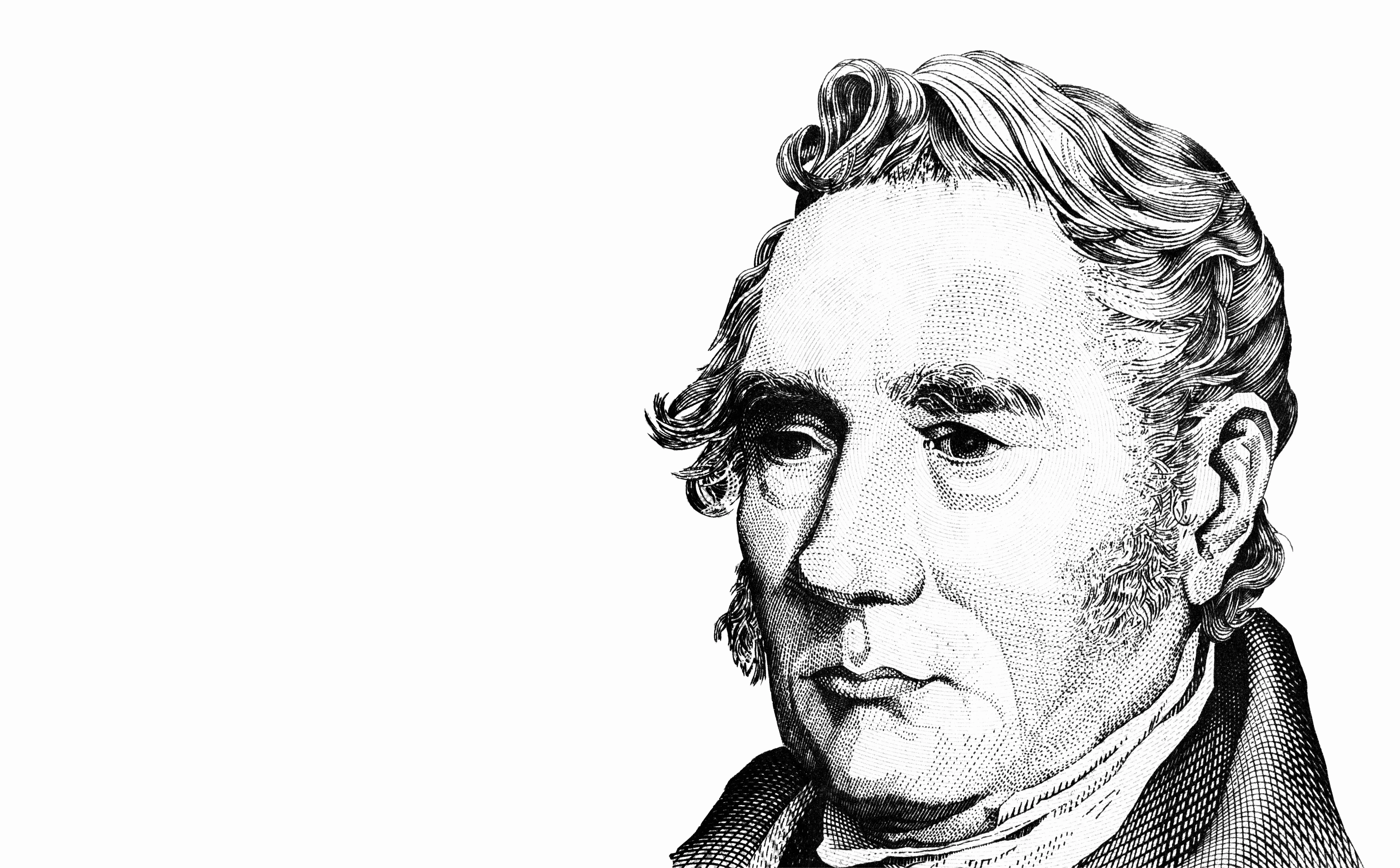 Stockton and Darlington Railway: A black and white illustrated portrait of George Stephenson
