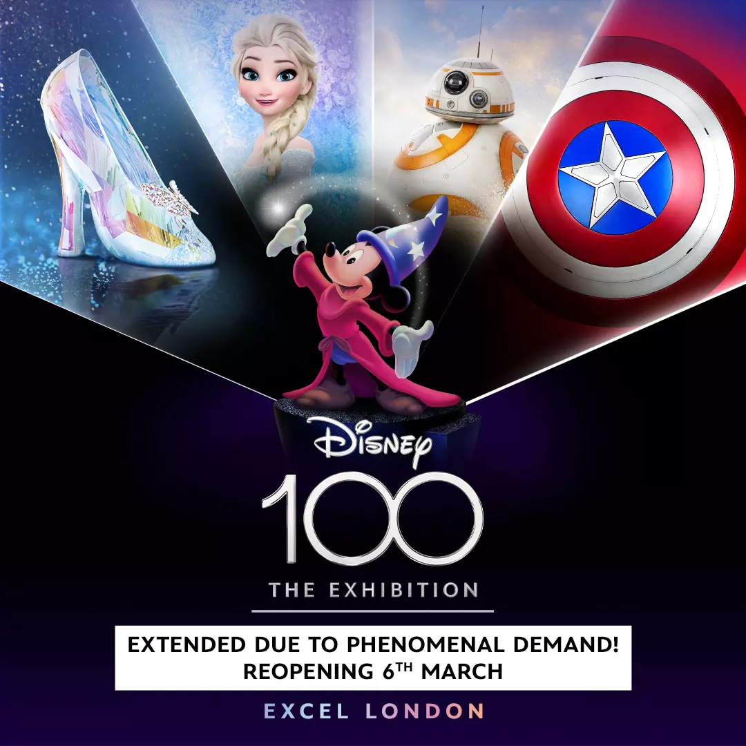 Disney 100 Exhibition promo image with Micky Mouse in the middle