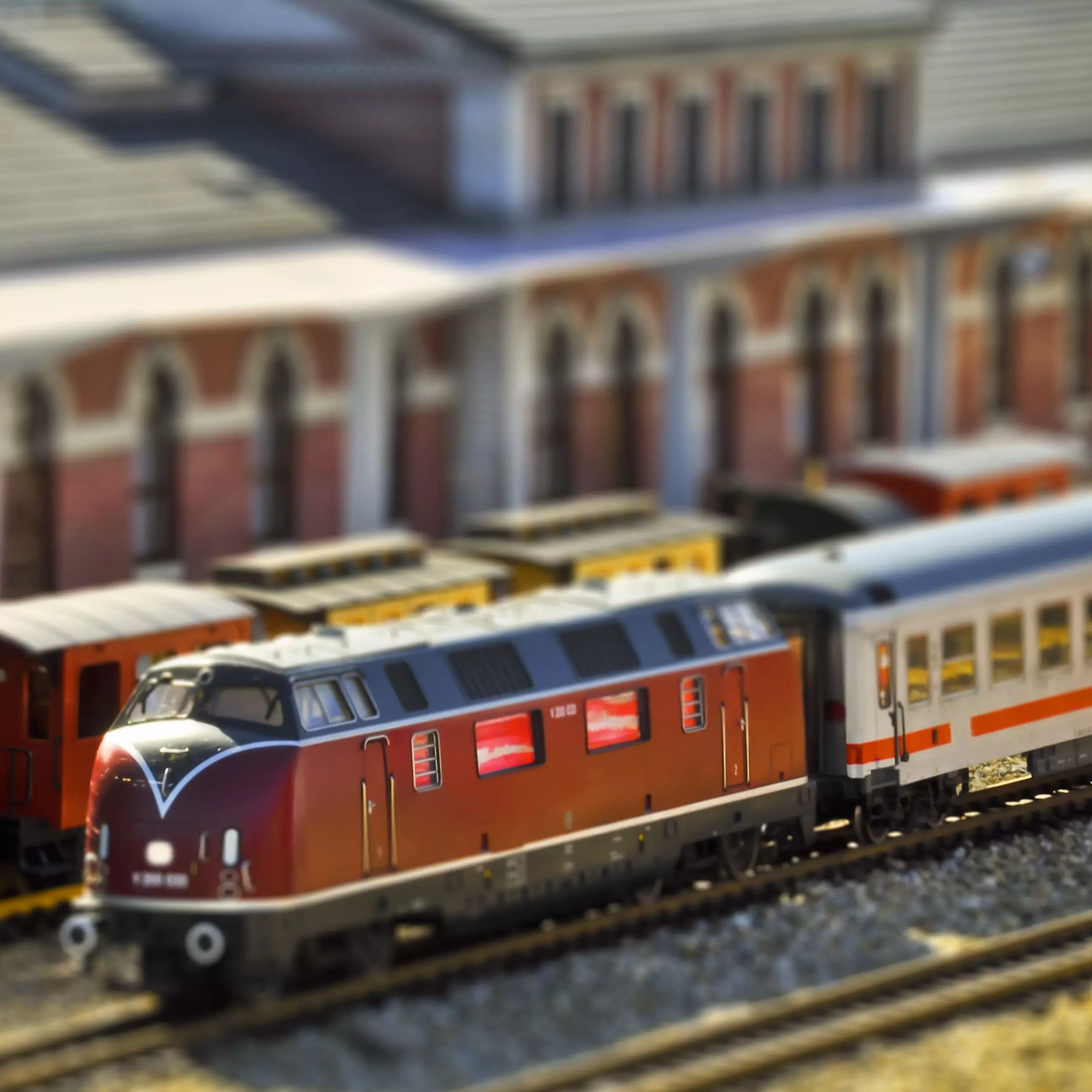 Close up of model trains on a track